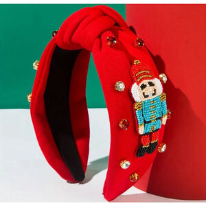 Beaded Nutcracker Red Christmas Top Knot Headband with Rhinestone Accents